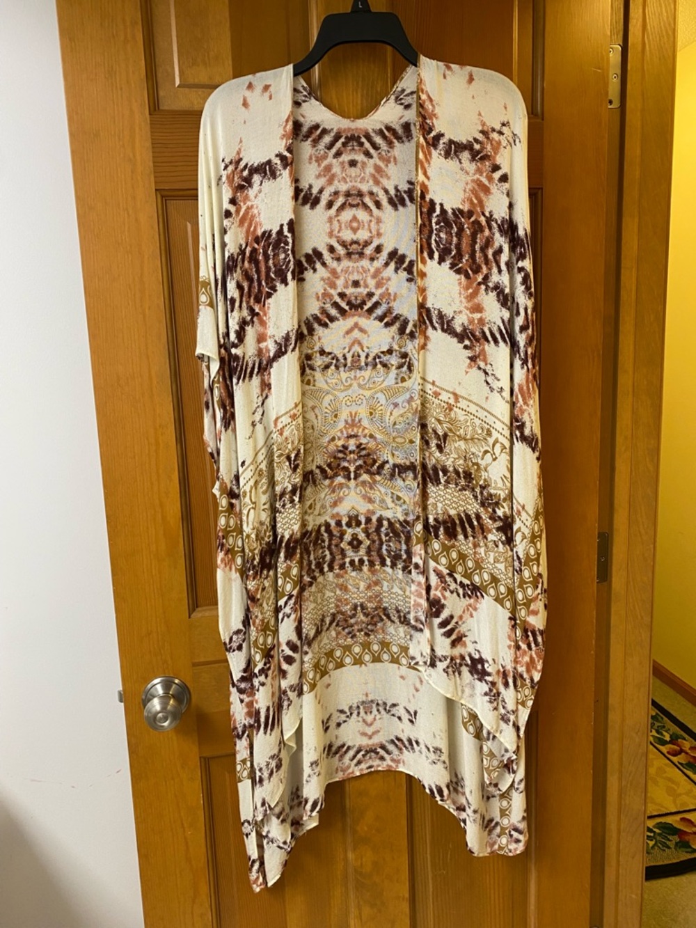 Women's Cream and Brown Patterned Open Front Wrap